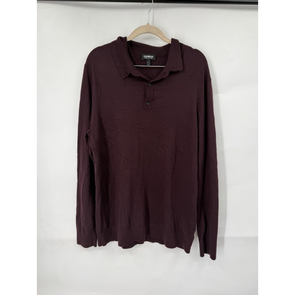 Express Merino Wool Blend Long Sleeve Collared Top Sweater Men L Burgundy Preppy